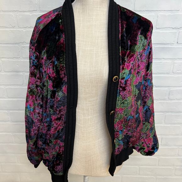 Sun Hung Velvet Floral Black Purple Reversible Bomber Style Button Jacket-sz  XL - Picture 1 of 8